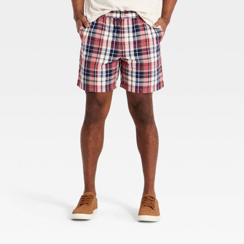 Men's 7" Vintage E-Waist Plaid Shorts - Goodfellow & Co Red Plaid L